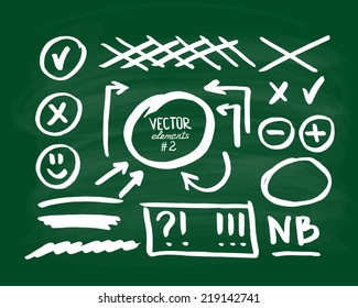 Set of correction and highlight elements, part 2. Circles, arrows, cross signs etc. on the school board. Vector illustration.