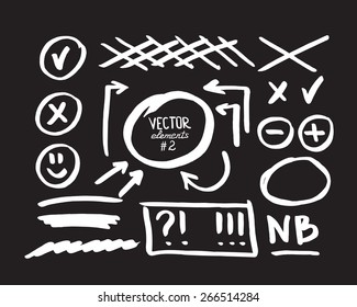 Set of correction and highlight elements, part 2. Circles, arrows, cross signs etc. Hand drawn with marker pen. Vector illustration.