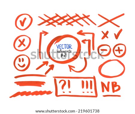 Set of correction and highlight elements, part 2. Circles, arrows, cross signs etc. Hand drawn with marker pen. Vector illustration.