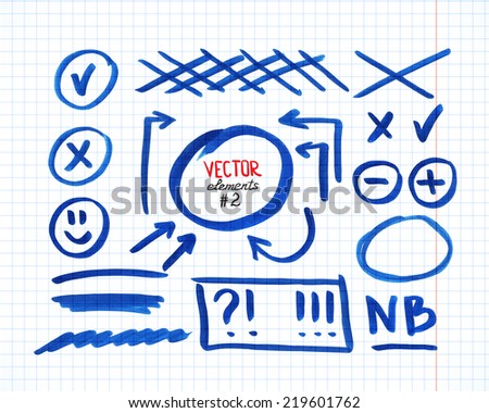 Set of correction and highlight elements, part 2. Circles, arrows, cross signs etc. Hand drawn with marker pen. Vector illustration.