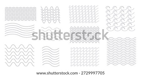 Set of corrugated dotted line waves, line flat vector wriggle decoration, vawes line set