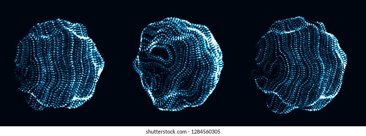 Set of corrupted point spheres. Collection of globe grids with a broken structure. Kit of 3d objects consist of glowing particles