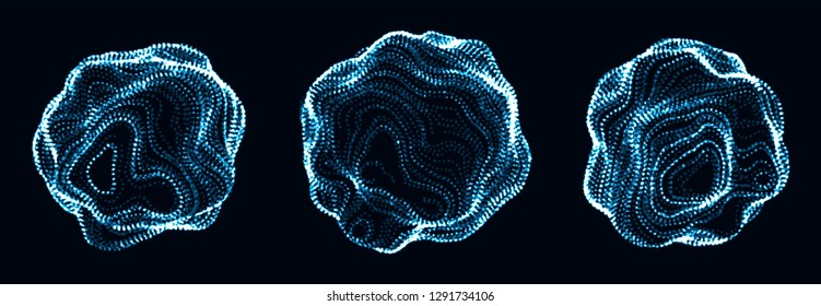 Set of corrupted point spheres. Collection of globe grids with a broken structure. Kit of 3d objects consist of glowing particles
