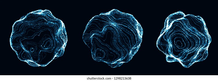 Set of corrupted point spheres. Collection of globe grids with a broken structure. Kit of 3d objects consist of glowing particles