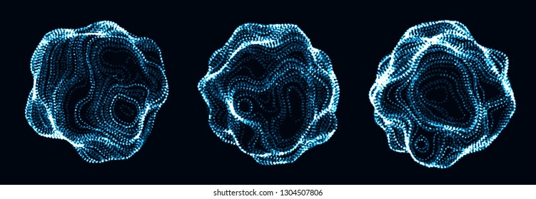 Set of corrupted point spheres. Collection of globe grids with a broken structure. Kit of 3d objects consist of glowing particles