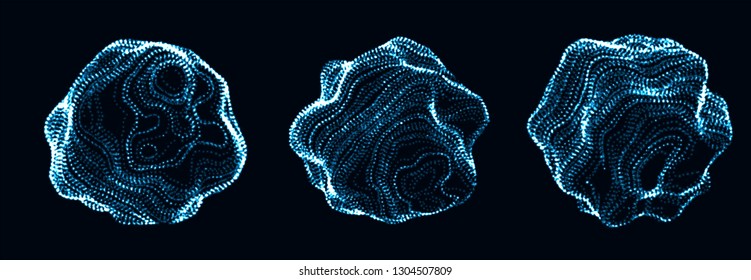 Set of corrupted point spheres. Collection of globe grids with a broken structure. Kit of 3d objects consist of glowing particles