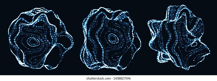 Set of corrupted point spheres. Collection of globe grids with a broken structure. Kit of 3d objects consist of glowing particles