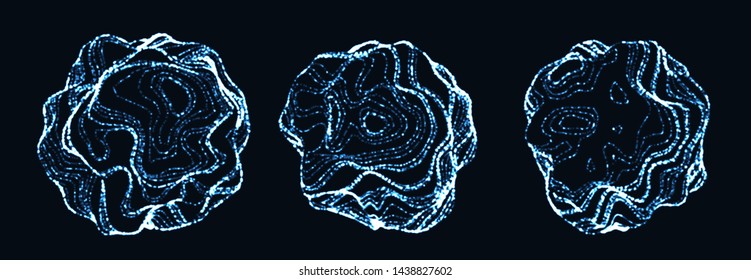 Set of corrupted point spheres. Collection of globe grids with a broken structure. Kit of 3d objects consist of glowing particles
