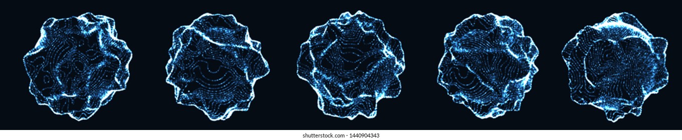 Set of corrupted point spheres. Collection of blue globe grids with a broken structure. Kit of 3d objects consist of glowing particles. Abstract planets. Light Geoid shapes