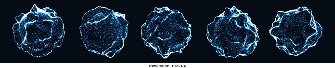 Set of corrupted point spheres. Collection of blue globe grids with a broken structure. Kit of 3d objects consist of glowing particles. Abstract planets. Light Geoid shapes