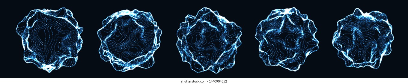 Set of corrupted point spheres. Collection of blue globe grids with a broken structure. Kit of 3d objects consist of glowing particles. Abstract planets. Light Geoid shapes