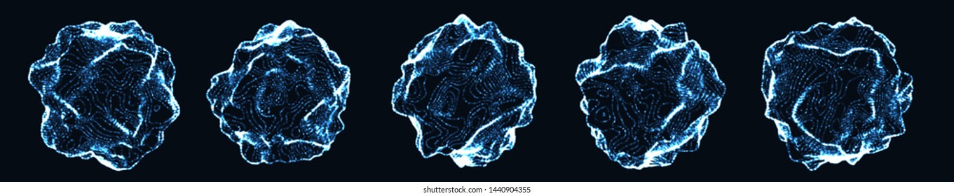 Set of corrupted point spheres. Collection of blue globe grids with a broken structure. Kit of 3d objects consist of glowing particles. Abstract planets. Light Geoid shapes