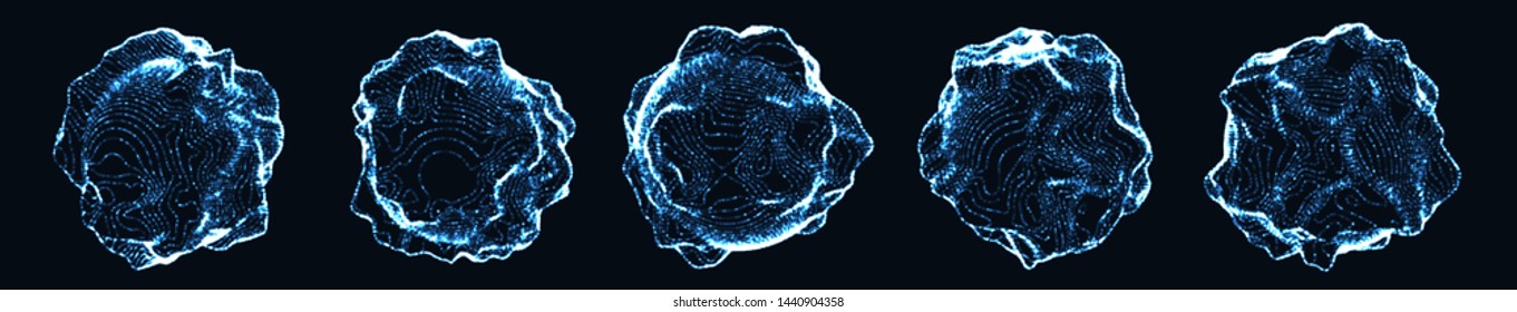 Set of corrupted point spheres. Collection of blue globe grids with a broken structure. Kit of 3d objects consist of glowing particles. Abstract planets. Light Geoid shapes