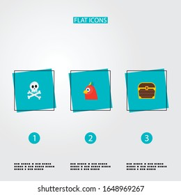 Set of corsair icons flat style symbols with skeleton, treasure, parrot and other icons for your web mobile app logo design.