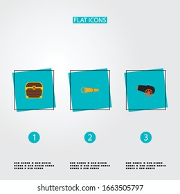 Set of corsair icons flat style symbols with cannon, spyglass, treasure and other icons for your web mobile app logo design.