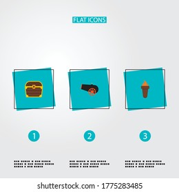 Set of corsair icons flat style symbols with treasure, torch, cannon and other icons for your web mobile app logo design.