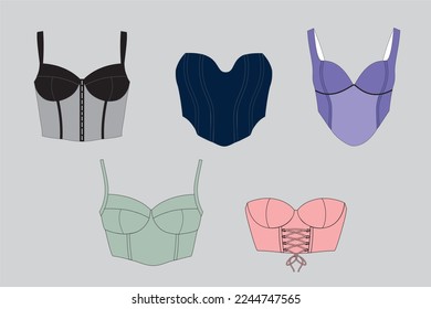 Set of corset and corselet tops, bustier technical fashion illustration, fashion illustration, women clothes