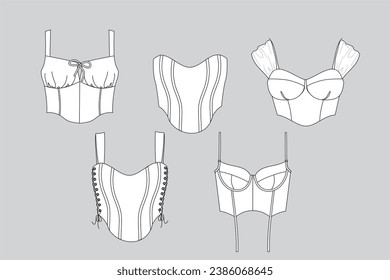 Set of corset and corselet tops, bustier technical fashion illustration, fashion illustration, women clothes