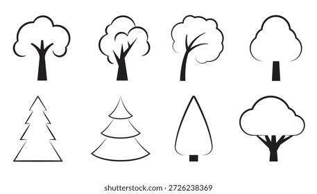 Conjunto de iconos de dibujos animados en un tema árboles aislados