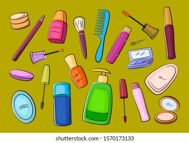 Set of Cosmetic Accessories, Soap, Comb, Brushes, Mascara, Eyeshadow and Others. Vector