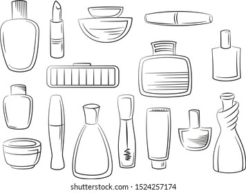 Set of Cosmetic Accessories Toiletry Perfume, Lipstick, Shampoo and Others Black Contours Isolated on White Background. Vector