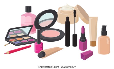 A set of cosmetic accessories.Powder, lipstick,foundation, night cream, mascara, eyeliner pencil, eye shadow, lae for nocte.Vector image isolated on a white background. svg