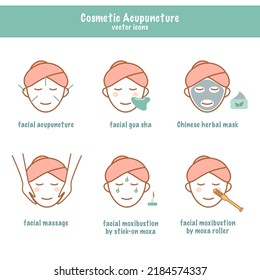 Set Of Cosmetic Acupuncture And Chinese Medicine  Therapy Vector Icons. Natural Beauty And Anti Aging Therapy. Healthy Concept.