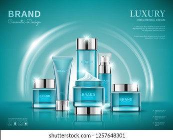 Set cosmetic ads, blue package design on dark blue background, vector illustration.