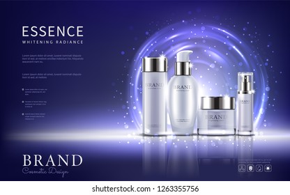 Set cosmetic ads, white package design on light blue background, vector illustration.