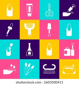 Set Cosmetic bag, Bottle of nail polish, Nail manicure, scissors, file, Pipette with oil, Broken and  icon. Vector
