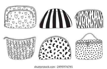 Set of cosmetic bags with different prints. Hand drawn cosmetic bags vector set