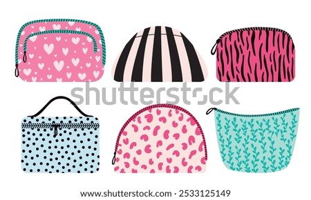 Set of cosmetic bags with different prints in flat style. Make up bags with animal prints, hearts, leaves and dots set