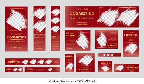 Set of Cosmetic beauty web banners of standard size with a place for photos. Business ad banner. Vertical, horizontal and square template. vector illustration EPS 10