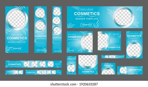 Set of Cosmetic beauty web banners of standard size with a place for photos. Business ad banner. Vertical, horizontal and square template. vector illustration EPS 10