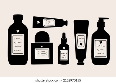 A set of cosmetic black bottles for self care. Cosmetic packaging, mask cream, serum bottle with retinol. Vector illustrations