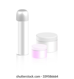 Set of cosmetic bottle for cream, gel, powder and cosmetic bottle for foam or hair spray, vector illustration