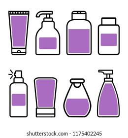 Set of cosmetic bottle icons with purple liquid. Vector illustration