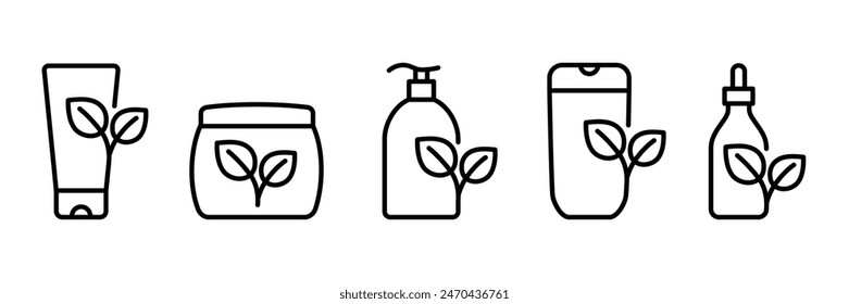 Set of cosmetic bottle with leaves outline icons. Natural cosmetic product symbol. Isolated vector illustration 