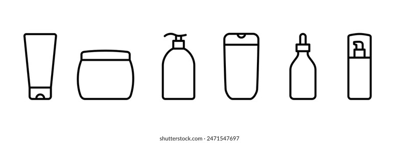 Set von kosmetischen Flaschen-Umrisssymbolen. Bearbeitbarer Strich. isolierte Vektorillustration 