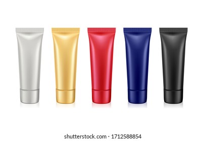 Set of cosmetic bottle silver, red,gold and black, tube for cream, toothpaste, packaging for lotion. Vector.