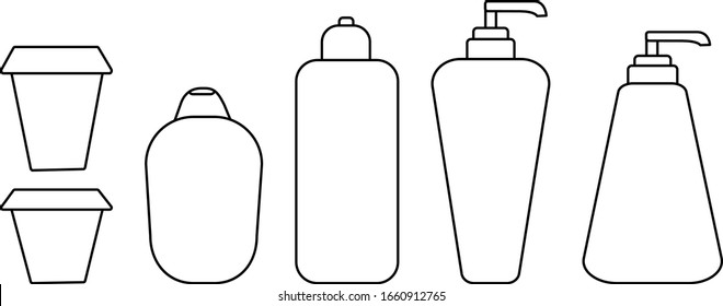 Set of cosmetic bottles. Black stroke, simple line. Vector illustration isolated on white background for your design. Bottle with liquid soap and dispenser. Jar for lotion, balm or cream.