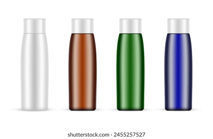Set Of Cosmetic Bottles, Blank, Amber, Blue, Green, Front View, Isolated On White Background. Vector Illustration