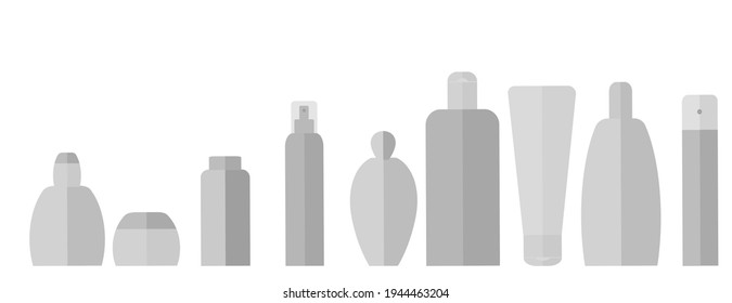 A set of cosmetic bottles of different shapes with lids. Solid color insulated cans for body care products on a white background. Containers for shampoo, gel, cream, hair spray, mousse, oil, lotion.