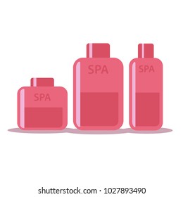 Set of cosmetic bottles in flat style. Soap, shampoo, lotion pink bottles. Vector illustration