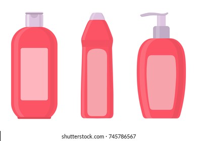 Set of cosmetic bottles in flat style. Soap, shampoo, lotion pink bottles. Vector illustration