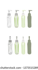 Set of cosmetic bottles in green color. Dispenser cosmetic bottle of liquid soap or conditioner. Bottle jar container with pump for makeup cosmetic. Vector