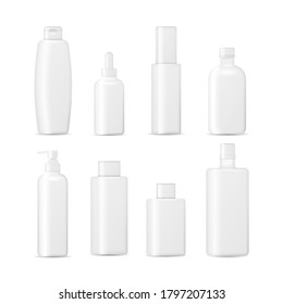 Set of cosmetic bottles isolated on a white background. Package collection for cream, soups, foams, shampoo. Realistic 3d mockup of cosmetic packaging. Vector illustration, eps 10.