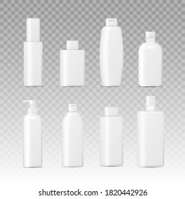 Set of cosmetic bottles isolated on a transparent background. Package collection for cream, soups, foams, shampoo. Realistic 3d mockup of cosmetic packaging. Vector illustration, eps 10.