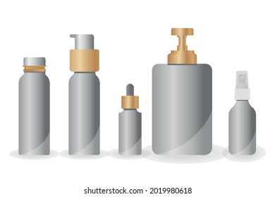 Set of cosmetic bottles isolated on a white background. Package collection for cream, soups, foams, shampoo. Realistic 3d mockup of cosmetic packaging. Vector illustration, eps 10.