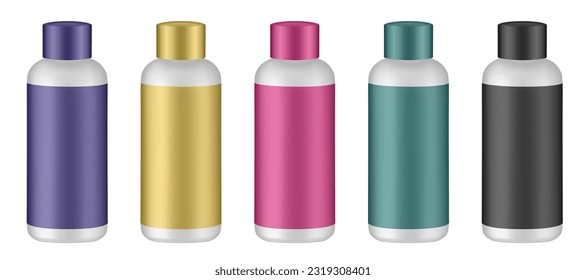 Set Kosmetikflaschen mit Etikett und Verschlusskappe. Gelbe, grüne, schwarze, violette und rosafarbene Flaschen. Haarfärbemittel, Oxydant	Creme, Shampoo, Duschgel oder Körperlotion